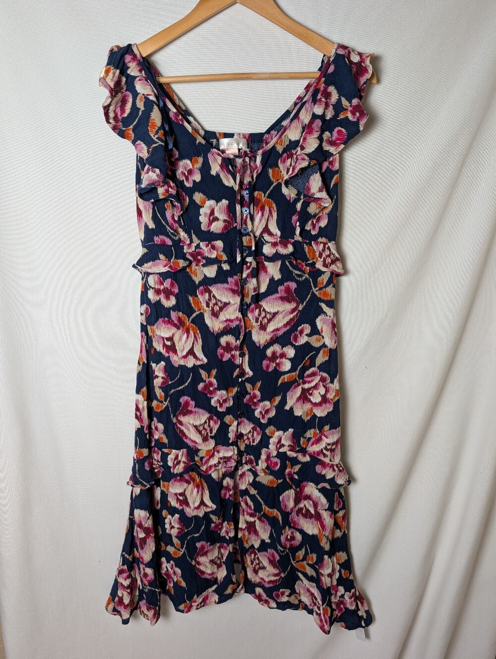 Band of Gypsies Navy Floral Button Dress Pink & Cream Blossoms Ruffle Feminine S